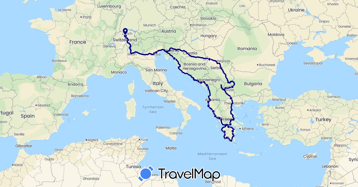 TravelMap itinerary: driving in Albania, Bosnia and Herzegovina, Bulgaria, Switzerland, Greece, Croatia, Italy, Montenegro, Macedonia, Serbia (Europe)